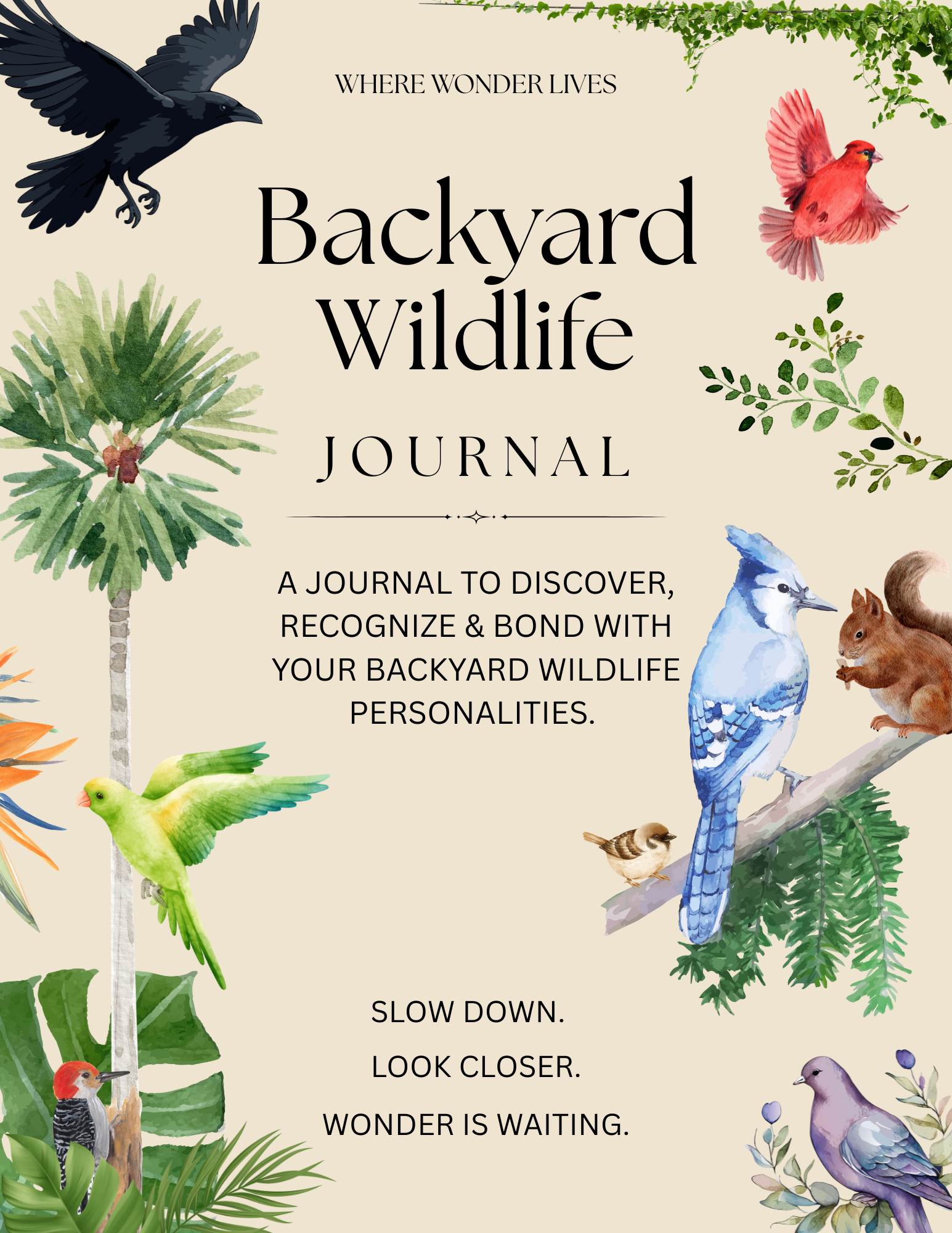 Backyard Wildlife Journal cover featuring illustrated birds, plants, and backyard animals